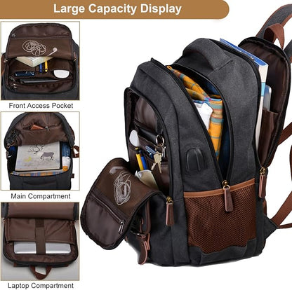Mactso Canvas Travel Laptop Backpack for Men Women, Business Work Rucksack College Computer Bag Fits 17.3 Inch Notebook,Bookbag with USB Charging Port (Black, 17.3 Inch)