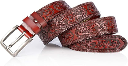 Men's Casual Genuine Leather Jeans Belts Vintage Leather Engraved Strap with Single Prong Buckle