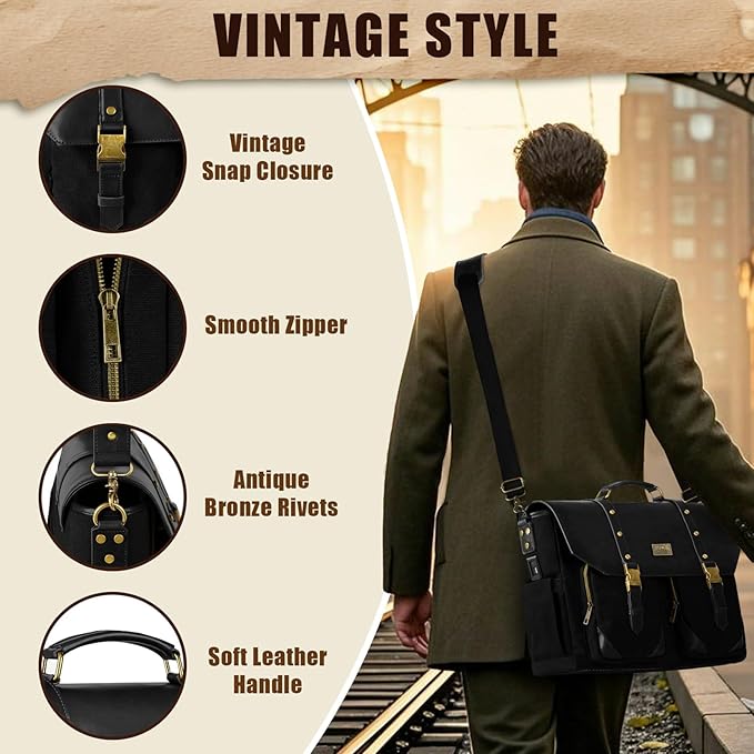 MATEIN Canvas Work Bag with USB Charging Port & RFID Blocking, 15.6 Inch Laptop Messenger Bag Vintage Briefcase for Men, Water Resistant Business Computer Satchel Crossbody for Commuting Travel, Black