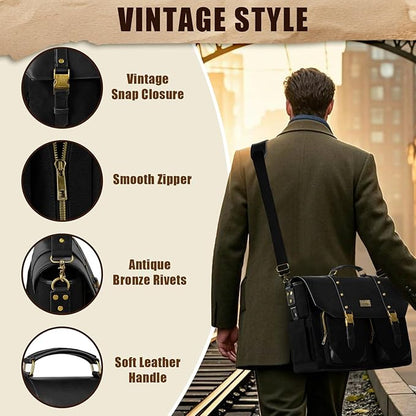 MATEIN Canvas Work Bag with USB Charging Port & RFID Blocking, 15.6 Inch Laptop Messenger Bag Vintage Briefcase for Men, Water Resistant Business Computer Satchel Crossbody for Commuting Travel, Black