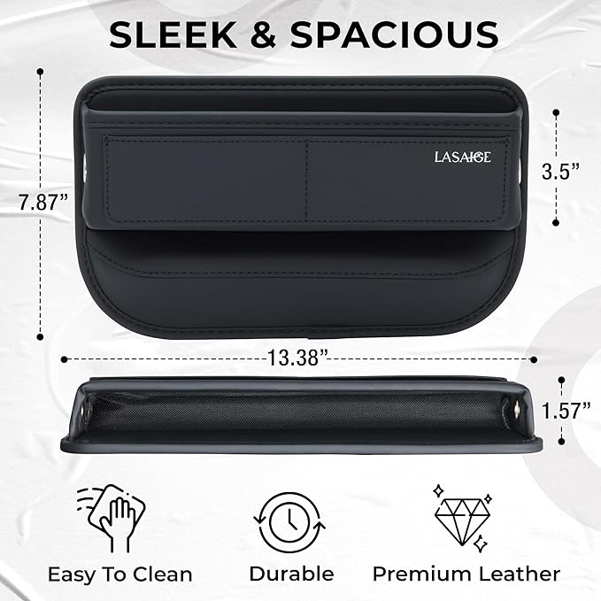 Car Seat Gap Filler Organizer (Black) -Soft PU Leather Car Seat Gap Filler Organizer - Gap Filler For Car w/ Pockets & Large Compartment - Slip-Resistant Between Seat and Center Console