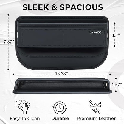 Car Seat Gap Filler Organizer (Black) -Soft PU Leather Car Seat Gap Filler Organizer - Gap Filler For Car w/ Pockets & Large Compartment - Slip-Resistant Between Seat and Center Console