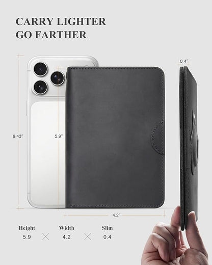 RFID Blocking Leather Passport Holder for Travel with AirTag Slot, Slim Passport Cover Travel Wallet for Women Men, Travel Must Haves Gifts (Jet Black - External AirTag Slot)