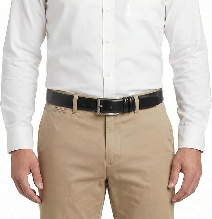IZOD Men's Leather Belt - Feather Edge Stitching, Double Loop Strap, 1 3/8" for Work, Dress, Casual