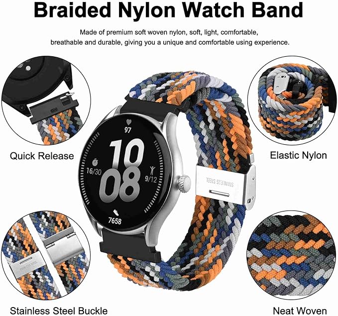 WOCCI 24mm Braided Nylon Watch Band for Men and Women, Quick Release, Silver Stainless Steel Buckle (Camo)