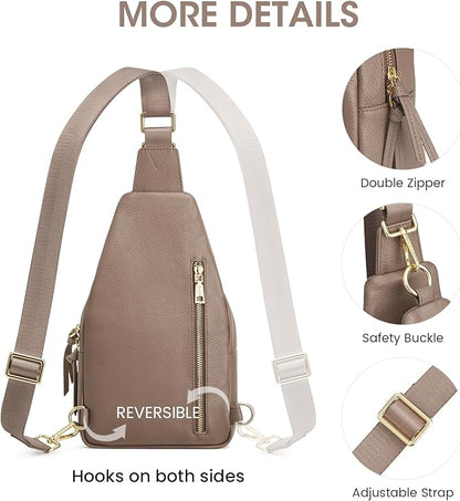 Kattee Small Sling Bag for Women, Leather Fanny Packs Crossbody Purse, Chest Bag for Travel with RFID Blocking, Khaki