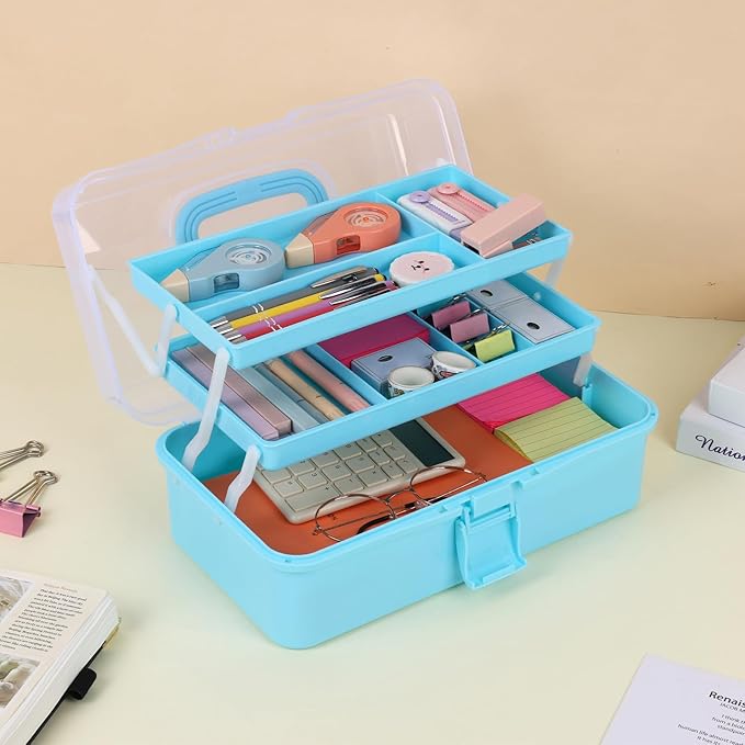 Craft Organizers Plastic Tool Box with Handle 3-Layer for Sewing Supplies, Medicine, Art Supplies, Nails and Hair Accessories 12.5inch (Blue)