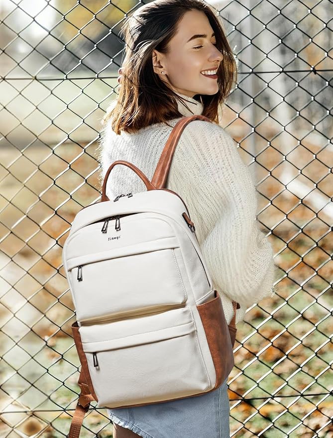 Vegan Leather Backpack for Women and Men, Fits 16.0 Inch Laptop, Multi-Pocket Design with Water Bottle and Luggage Strap, Ideal for Work, Travel, and Daily Use, Beige
