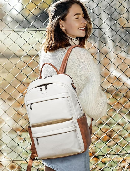 Vegan Leather Backpack for Women and Men, Fits 16.0 Inch Laptop, Multi-Pocket Design with Water Bottle and Luggage Strap, Ideal for Work, Travel, and Daily Use, Beige