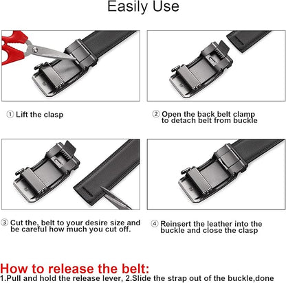 SENDEFN Men's Leather Belt Automatic Ratchet Buckle Slide Belt for Dress Casual Trim to Fit with Gift Box