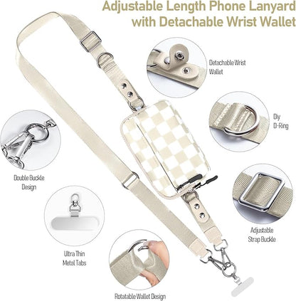 Tiostep Clip and Go Strap for Phone with Wallet Crossbody Phone Lanyard and Detachable Checkered Bag with ID Window and RFID Pouch for Daily Travel.