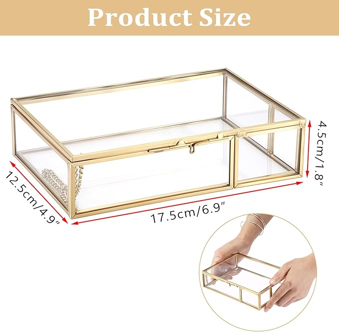 Hipiwe Gold Glass Photo Box,Vintage Photo Storage Organizer, Trinket Box Jewelry Display Organizer Keepsake Box Case Home Decor (Small)