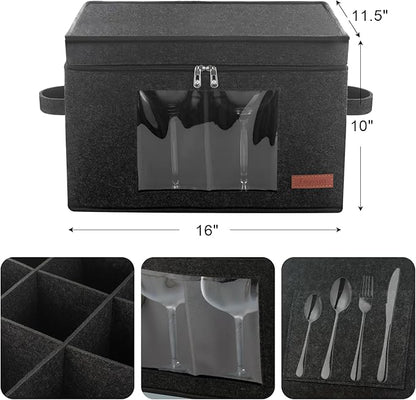 Foyego 2 Pack Wine Glass Storage Box with Dividers, Stemware Storage Containers for Packing and Moving, China Storage Containers Box for 12 Crystal Glassware, Wine Glasses, Drinkware,Dark Gray