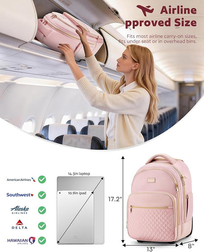 Arcoyard Small Rolling Backpack, 14.3 Inch Underseat Carry On Luggage With Wheels For Adults, Wheeled Backpack for Women, Travel Roller Bag, Pink