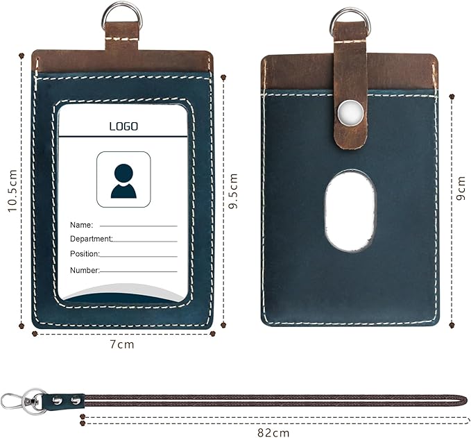 Badge Holder: Boshiho Cowhide Leather ID Badge Card Holder with 19" Neck Lanyard, Vertical Style (Brown-Blue)