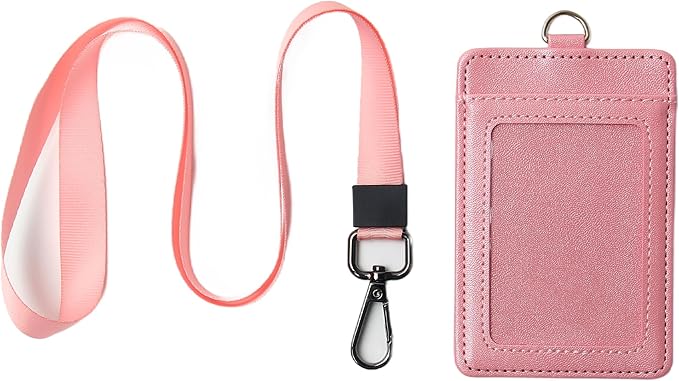Leather Badge Holder with Adjustable Lanyards,Swivel Metal Clasp for Offices, Staff, Students, Employees (Pink)