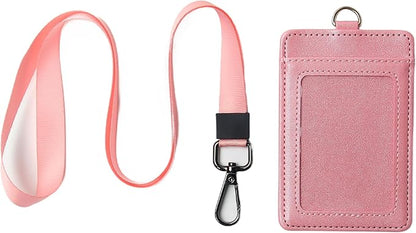 Leather Badge Holder with Adjustable Lanyards,Swivel Metal Clasp for Offices, Staff, Students, Employees (Pink)