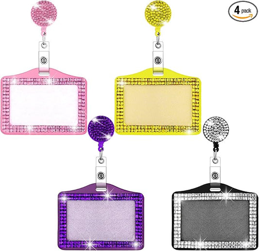 4 Pieces Bling ID Badge Holder Rhinestones Badge Holder Rhinestone ID Small Reel Rhinestone Cute Bling Crystal Reel Card for Office Business Home