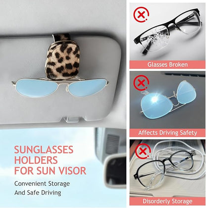 Sunglass Holder for Car Visor, Cheetah Leopard Magnet Sunglasses Holder for car Leather Sunglasses Holder and Ticket Card Clip Car Visor Accessories