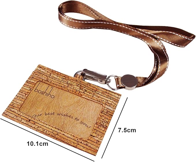 Badge Holder, Boshiho Eco-Friendly Cork ID Name Credit Card Case with Neck Lanyard Strap, Horizontal Style (Line)