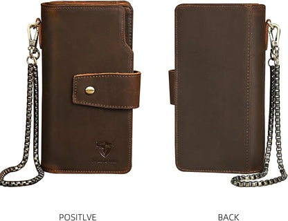 Genuine Crazy Horse Leather Travel Gift Coin Pocket Card Case Long Organizer Chain Rfid Wallet Purse With Snap For Men Male 1803 1815 (W-1820-Brown)