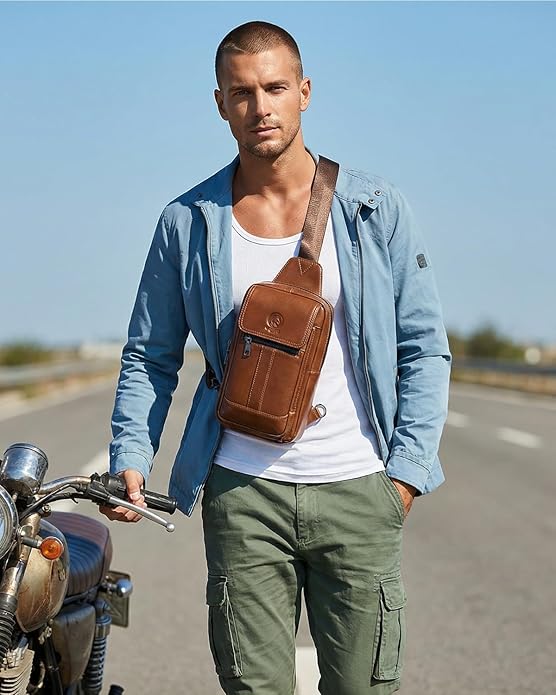 RAINBOW HORSE Brown Leather Chest Bag - Men's Genuine Leather Shoulder Pouch with Dual Front Pockets, Stylish Crossbody Sling for Travel & Work