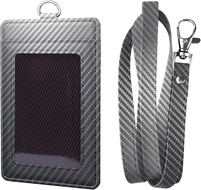 Carbon Fiber Work ID Card Holder with Lanyard is a Stylish and Durable Card Holder with Dual Card Capacity, Clear Display Window and Privacy Back Pocket (Dark Gray)
