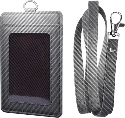 Carbon Fiber Work ID Card Holder with Lanyard is a Stylish and Durable Card Holder with Dual Card Capacity, Clear Display Window and Privacy Back Pocket (Dark Gray)