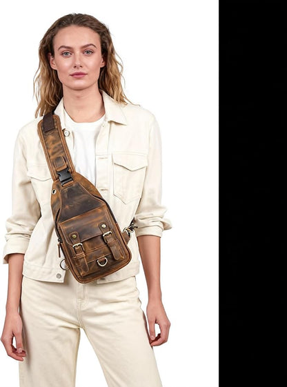 Genuine Leather Hiking Travel DayPack Sling Crossbody Triangle Chest Pack Bag For Men Women 8241 (Brown 258204)