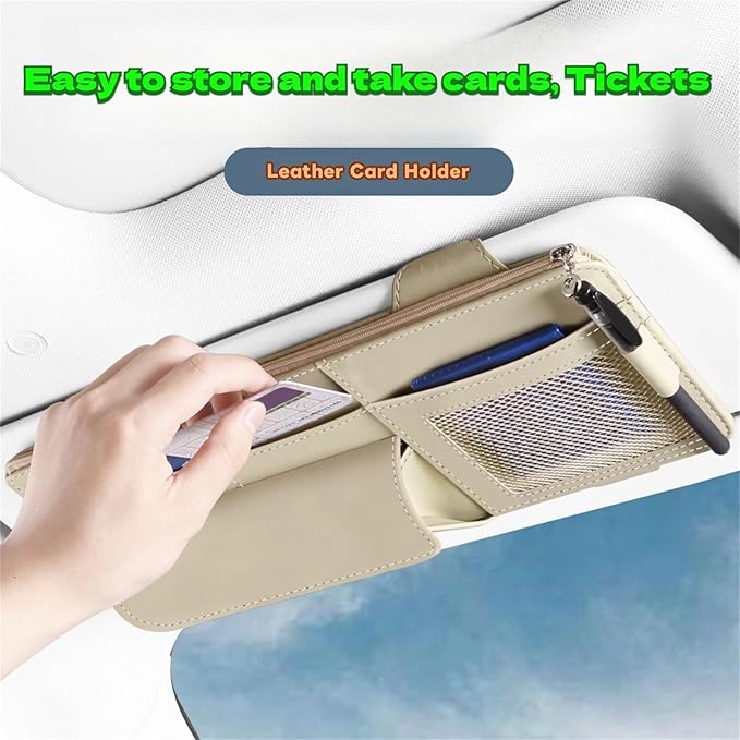 Car Visor Organizer, Multi-Pocket Sunvisor Storage with Sunglass Holder, Document Holder and Visor Card Clip, Fit for AUTO SUV & Truck, Leather Car Accessories Interior (Black)