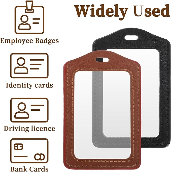 Yuanchu 4 Pcs Leather ID Badge Holders, Vertical Double-Sided Clear Card Holders Waterproof Name Badge Reel for Office Staff Employees ID Credit Cards(Black, Brown)