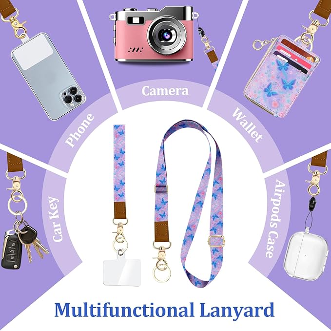 Lanyard Wallet with ID Badge Holder, Small RFID Wallet Women Keychain Wristlet, Leather Credit Card Holder with Zipper Pocket Phone Lanyard Wrist Strap Office Business-Gradient Butterfly