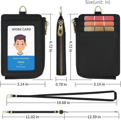 Wason Badge Holder Card Wallet Real Leather with Zipper, Detachable Neck Lanyard, Hand Strap, Retractable Badge Reel, Multi Purpose Case for ID Permit Badge Coin Key Driver's License (Black)