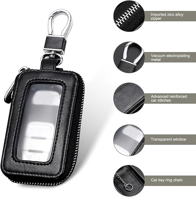 Leather Car Key Fob Case, 2.2" x 3.5" Car Key Fob Protective Cover with Zipper and Metal Hook, Double Layer Smart Remote Key Fob Case Holder, Universal Keychain Bag for Most Cars (Black)