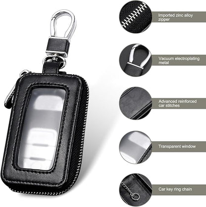 Leather Car Key Fob Case, 2.2" x 3.5" Car Key Fob Protective Cover with Zipper and Metal Hook, Double Layer Smart Remote Key Fob Case Holder, Universal Keychain Bag for Most Cars (Black)