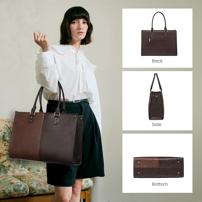 LOVEVOOK Laptop Tote Bag for Women, 15.6 Inch Large Capacity Vintage Leather Work Computer Bag, Business Casual Shoulder Handbag, Brown & Coffee