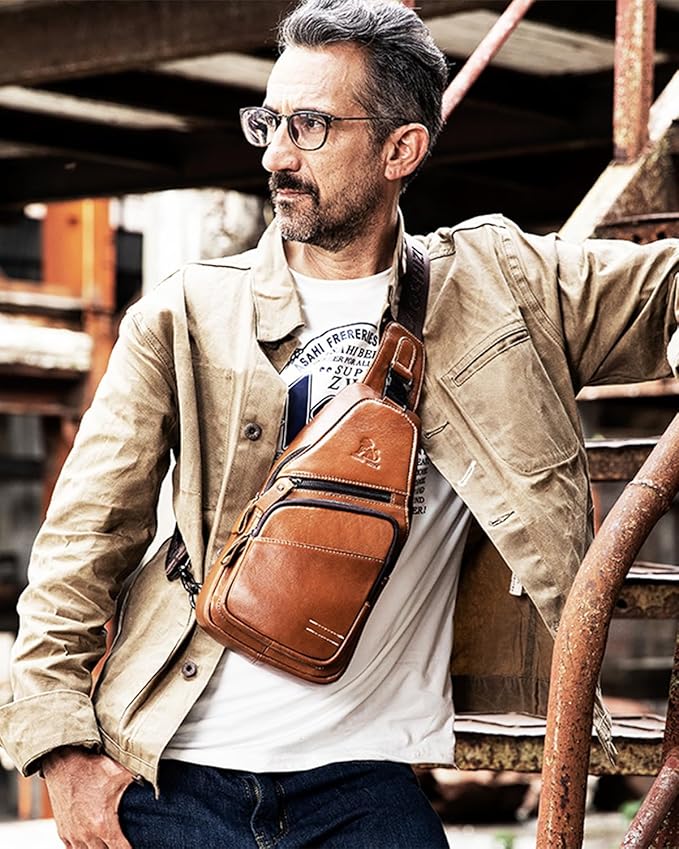 pundarika Leather Sling Bag for Men - Crossbody, Casual Shoulder Bag. Multi-Functional Chest Bag, Travel & Hiking Backpack - Brown