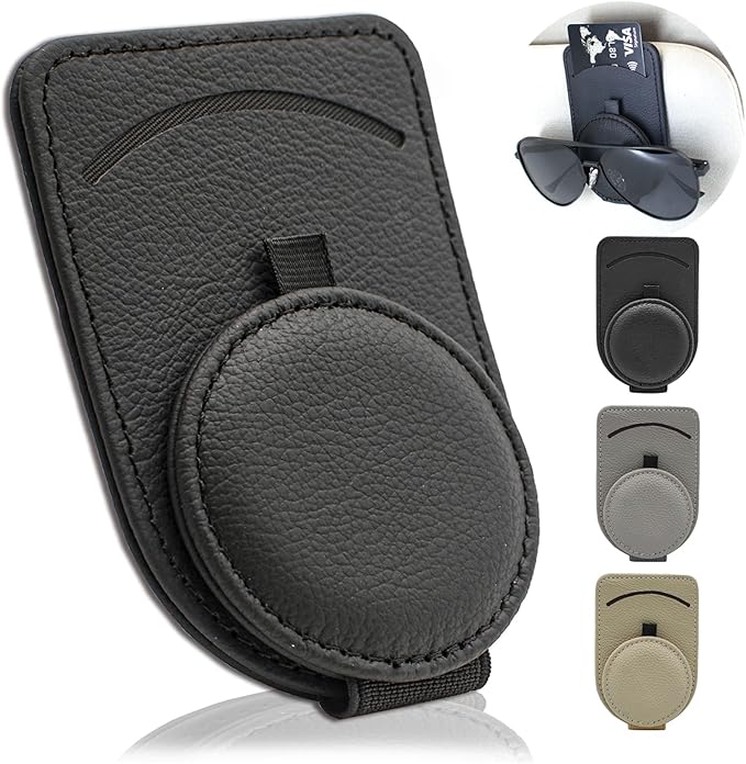 Sunglass Holder for Car Visor, Magnet Adsorbed Sunglasses Holder for Car Accessories Parts, Leather Car Sunglass Holder, Car Visor Sunglasses Clip for Glasses Cards (1PCS, Black)