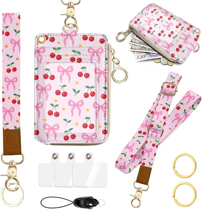 Lanyards for ID Badges, PU Leather Lanyard Wallet, RFID Blocking, ID Badge Holder with Zipper Pocket Detachable Phone Lanyard Keychain Wristlet for Teacher Nurse Office- Bow Cherry