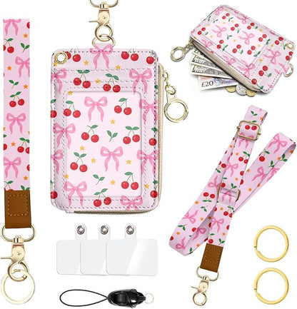 Lanyards for ID Badges, PU Leather Lanyard Wallet, RFID Blocking, ID Badge Holder with Zipper Pocket Detachable Phone Lanyard Keychain Wristlet for Teacher Nurse Office- Bow Cherry