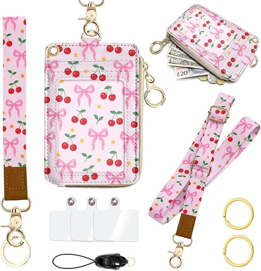 Lanyards for ID Badges, PU Leather Lanyard Wallet, RFID Blocking, ID Badge Holder with Zipper Pocket Detachable Phone Lanyard Keychain Wristlet for Teacher Nurse Office- Bow Cherry