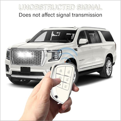 QBUC for Chevy Key Fob Cover with Keychain Soft TPU Protection Case Compatible with 2021-2026 Chevy Tahoe Suburban GMC Yukon Denali Silverado 6-Buttons(Chrome Trim White)