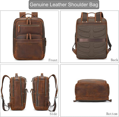 LUUFAN Full-grain Leather Brown Backpack for Men, 15.6 Inch Laptop Shoulder Bag Large Capacity Rucksack Business Daypack Travel Outdoor Bag with Trolley Sleeve