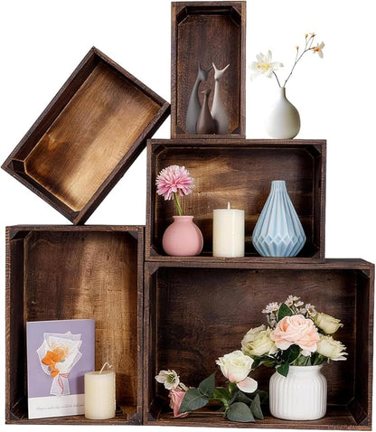 Wooden Crates for Display 5 Pack Extra Large Rustic Nesting Wooden Basket with Handle, Farmhouse Wood Crate for Storage and Container Multipurpose Wood Basket for Fruits Vegetables Boxes