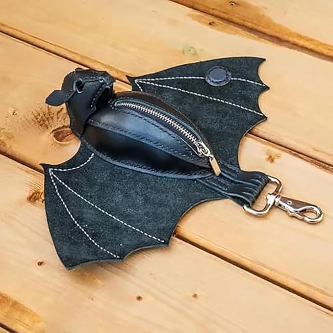 Leather Bat Coin Purse,Handcrafted Leather Bat Coin Purse with Wings,Leather Suede Bat Keychain Wallet for Bags & Belts (3pcs)
