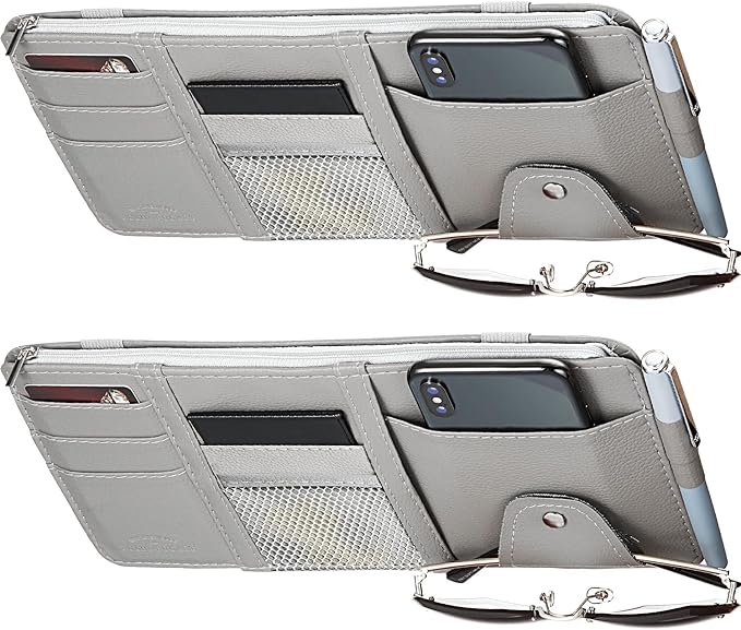 Boao 2 Packs Car Sun Visor Organizer, Sunglasses Holders for Car Sun Visor PU Auto Interior Accessories Storage Travel Document Holder with Multi Pocket (Gray, 12.2 x 6.1 Inches)