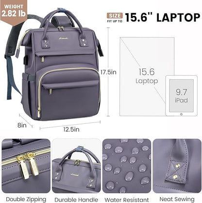 LOVEVOOK Leather Laptop Backpack for Women 17 inch,Travel Backpack Purse Nurse Teacher Backpack Computer Laptop Bag,Professional College Business Work Bags Carry On Backpack with USB Port,Grey Purple