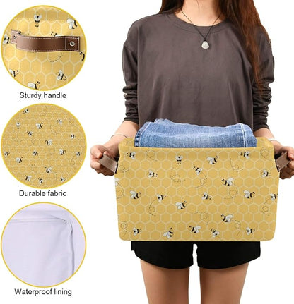 Cute Animal Bee Square Storage Basket Bin Canvas Fabric Compressible Organizer Basket with Handle for Bedroom Nursery Office, 1PCS