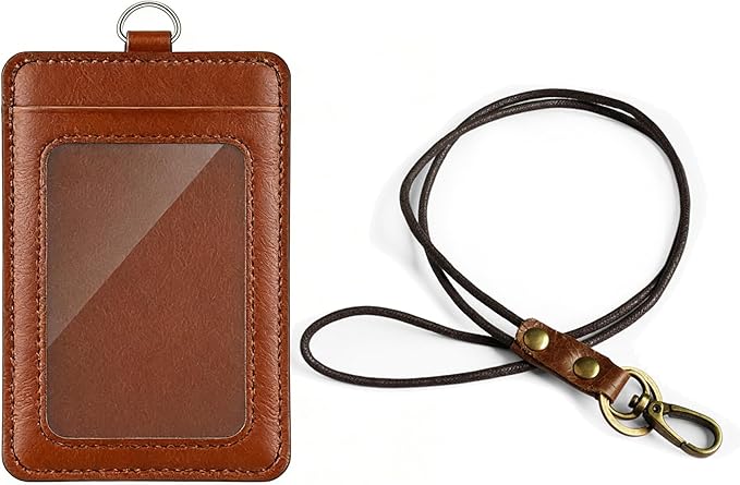 Leather ID Badge Holder with Lanyard for Women and Men, Vertical ID Card Holder, 2 Card Slots, 20 Inch Neck Lanyard for Work, School, Office