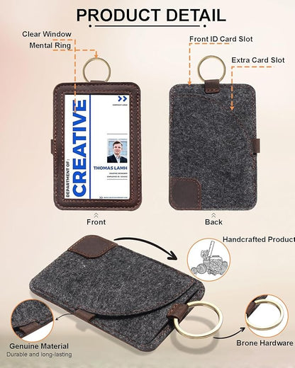 Genuine Badge Holder with Leather Lanyard, Soft Leather ID Card Holder with a Detachable Metal Clip, Clear Window, 2 Card Slots for Office & School IDs, Work Name Cards (Deep-Coffe 03)